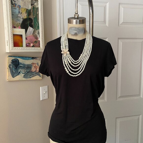 Bloomingdales CLASSIC White 6 strand Pearl Flower pendant bib Collar Necklace - Picture 12 of 15